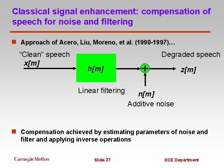 Classical signal enhancement: compensation of speech for noise and filtering n Approach of Acero,