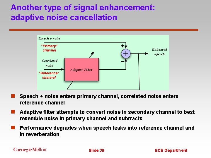 Another type of signal enhancement: adaptive noise cancellation n Speech + noise enters primary