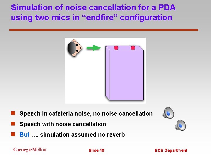 Simulation of noise cancellation for a PDA using two mics in “endfire” configuration n Simulation of noise cancellation for a PDA using two mics in “endfire” configuration n