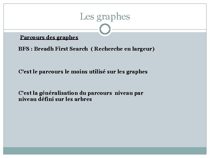 Les graphes Parcours des graphes BFS : Breadh First Search ( Recherche en largeur)