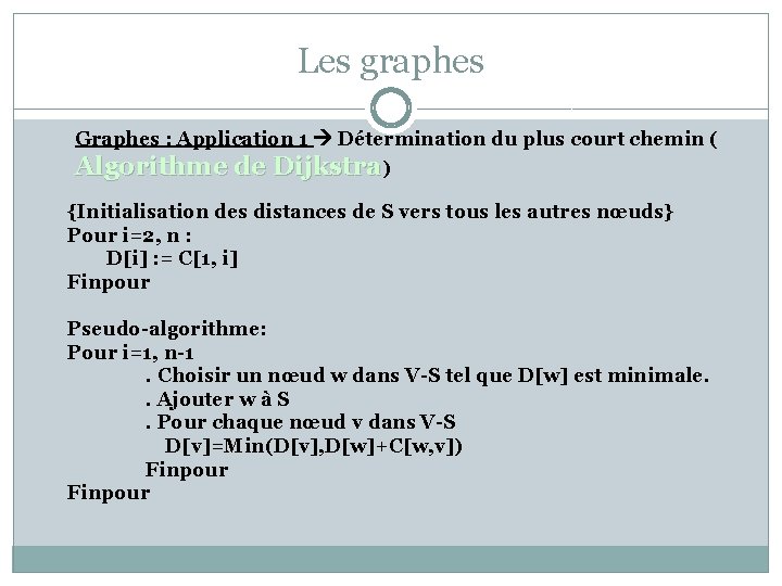 Les graphes Graphes : Application 1 Détermination du plus court chemin ( Algorithme de
