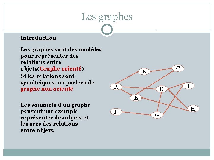 Les graphes Introduction Les graphes sont des modèles pour représenter des relations entre objets(Graphe