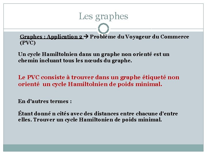 Les graphes Graphes : Application 2 Problème du Voyageur du Commerce (PVC) Un cycle