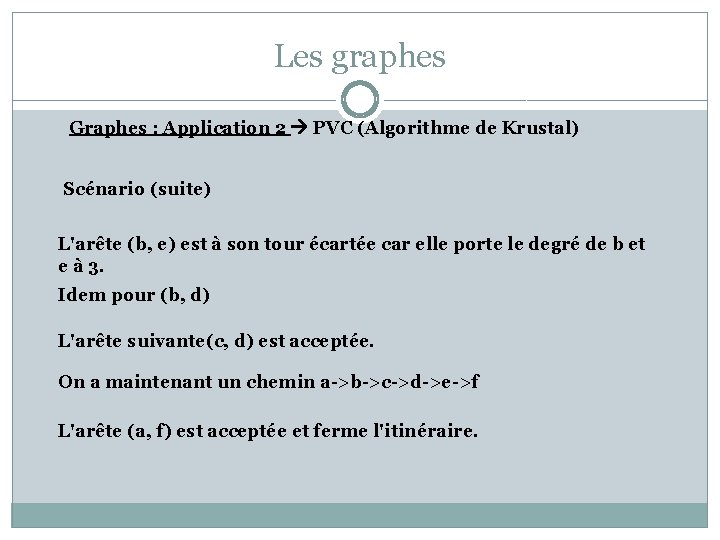 Les graphes Graphes : Application 2 PVC (Algorithme de Krustal) Scénario (suite) L'arête (b,