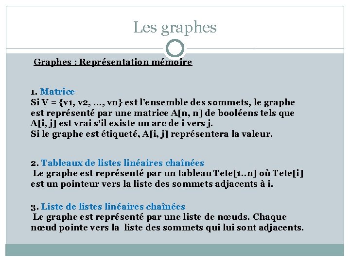 Les graphes Graphes : Représentation mémoire 1. Matrice Si V = {v 1, v