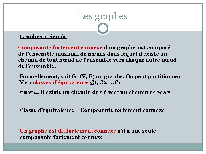 Les graphes Graphes orientés Composante fortement connexe d'un graphe est composé de l'ensemble maximal