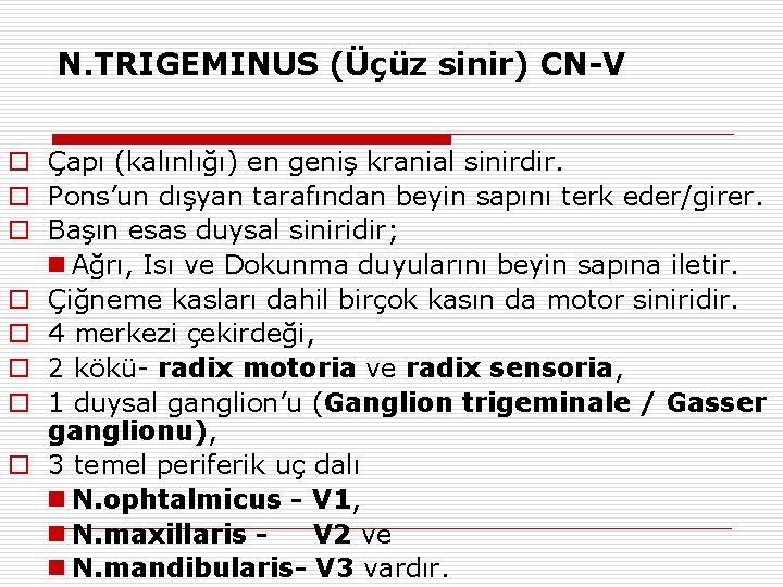 N. TRIGEMINUS (Üçüz sinir) CN-V o Çapı (kalınlığı) en geniş kranial sinirdir. o Pons’un