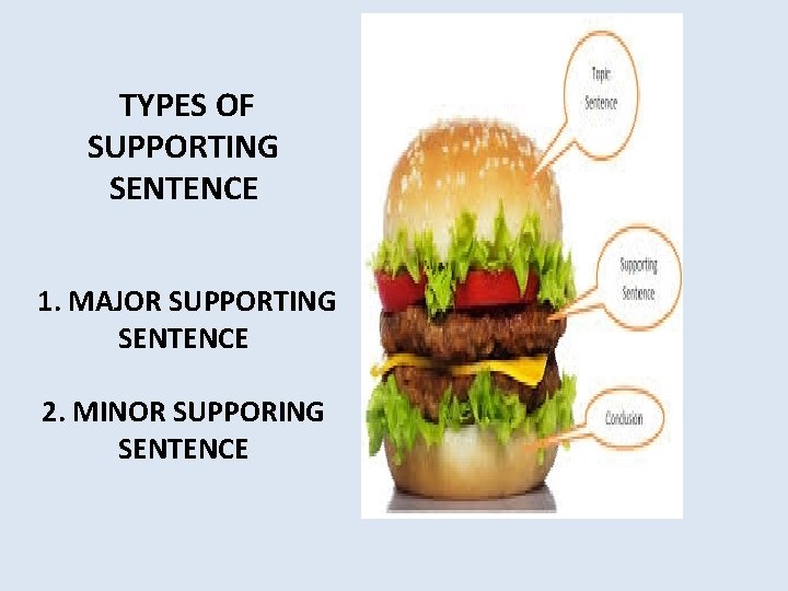  TYPES OF SUPPORTING SENTENCE 1. MAJOR SUPPORTING SENTENCE 2. MINOR SUPPORING SENTENCE 