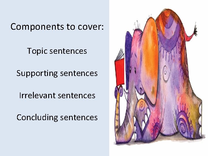 Components to cover: Topic sentences Supporting sentences Irrelevant sentences Concluding sentences 