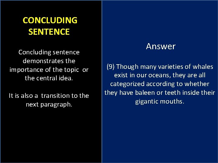  CONCLUDING SENTENCE Concluding sentence demonstrates the importance of the topic or the central