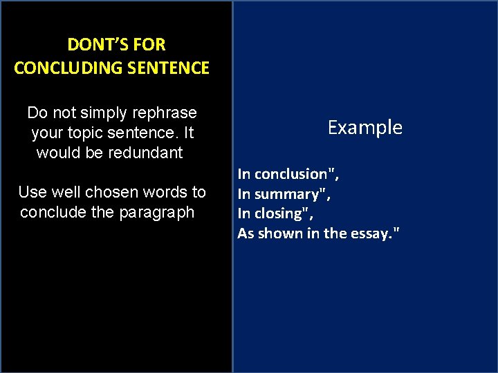  DONT’S FOR CONCLUDING SENTENCE Do not simply rephrase your topic sentence. It would