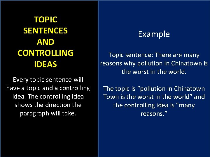 TOPIC SENTENCES AND CONTROLLING IDEAS Every topic sentence will have a topic and a