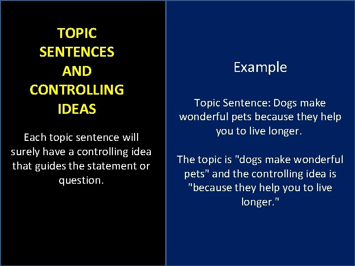TOPIC SENTENCES AND CONTROLLING IDEAS Each topic sentence will surely have a controlling idea