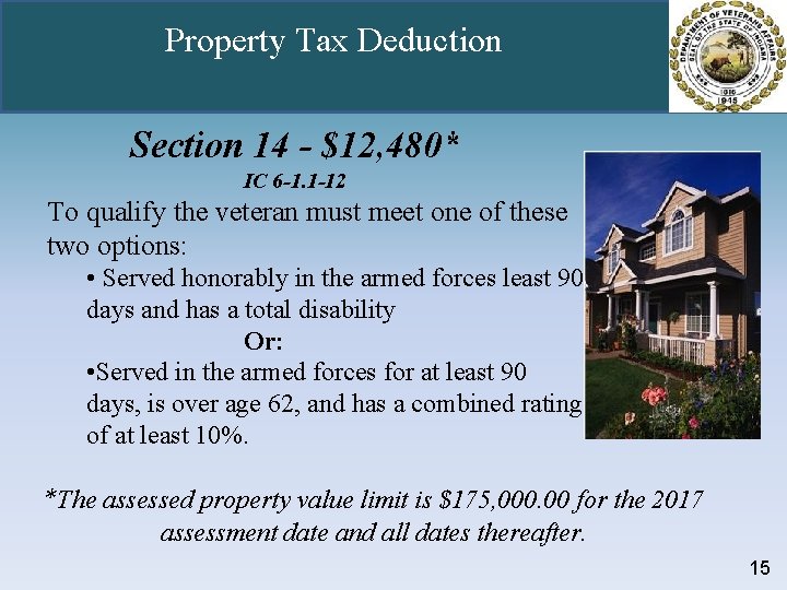 Property Tax Deduction Section 14 - $12, 480* IC 6 -1. 1 -12 To