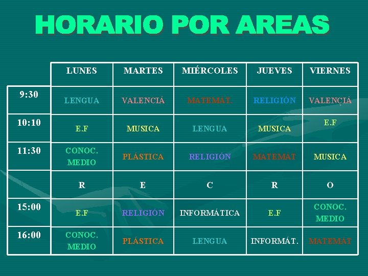 9: 30 10: 10 11: 30 15: 00 16: 00 LUNES MARTES MIÉRCOLES JUEVES