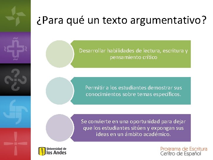 ¿Para qué un texto argumentativo? Desarrollar habilidades de lectura, escritura y pensamiento crítico Permitir