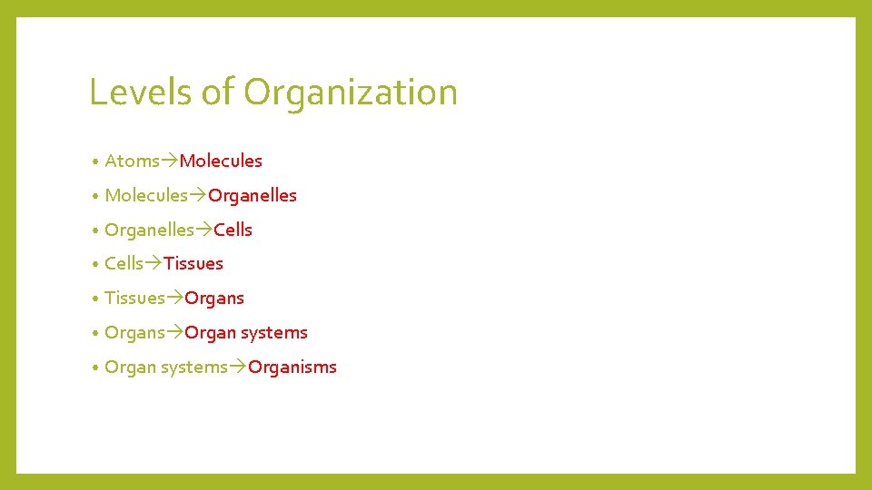 Levels of Organization • Atoms Molecules • Molecules Organelles • Organelles Cells • Cells