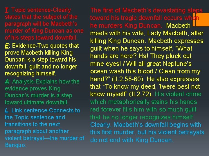 T: Topic sentence-Clearly states that the subject of the paragraph will be Macbeth’s murder