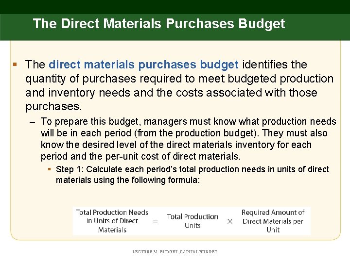 The Direct Materials Purchases Budget § The direct materials purchases budget identifies the quantity