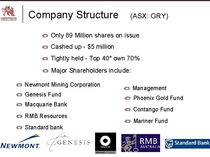 Company Structure (ASX: GRY) Only 89 Million shares on issue Cashed up - $5