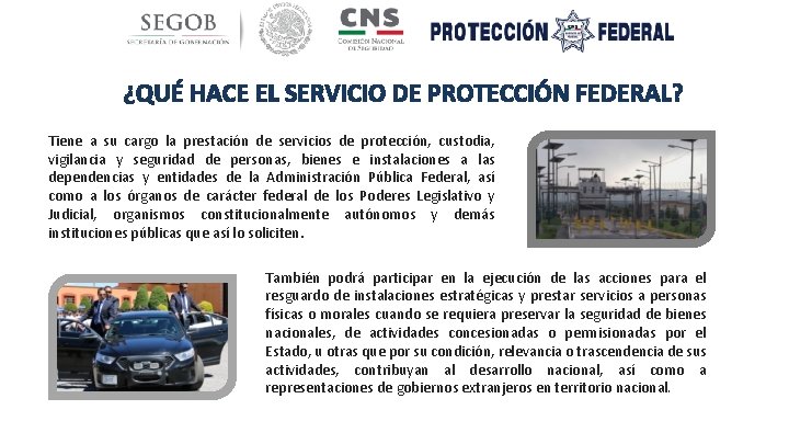¿QUÉ HACE EL SERVICIO DE PROTECCIÓN FEDERAL? Tiene a su cargo la prestación de
