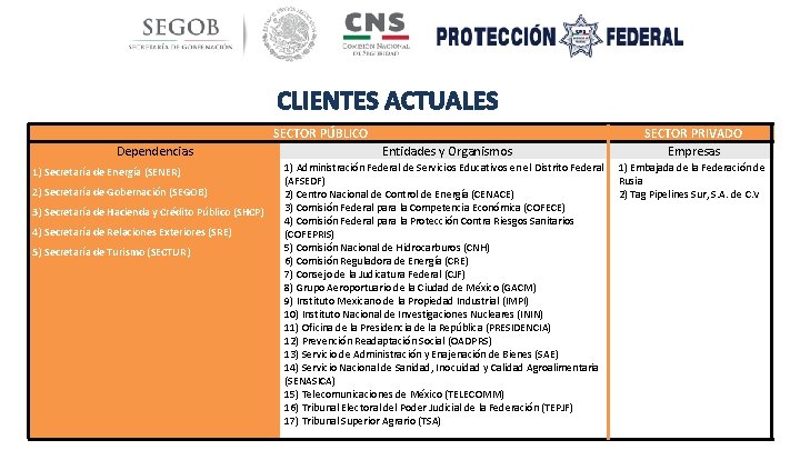 CLIENTES ACTUALES SECTOR PÚBLICO Dependencias 1) Secretaría de Energía (SENER) 2) Secretaría de Gobernación