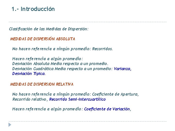 1. - Introducción Clasificación de las Medidas de Dispersión: MEDIDAS DE DISPERSIÓN ABSOLUTA No