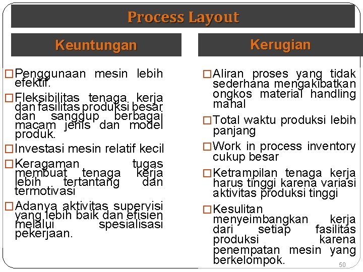 Process Layout Keuntungan �Penggunaan mesin lebih efektif. �Fleksibilitas tenaga kerja dan fasilitas produksi besar