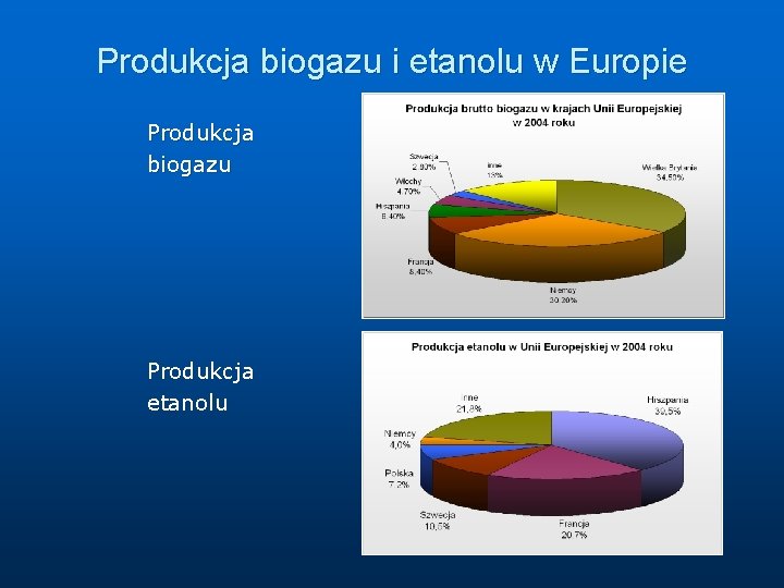 Produkcja biogazu i etanolu w Europie Produkcja biogazu Produkcja etanolu 