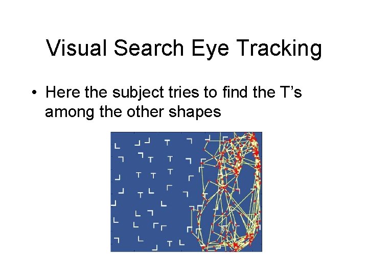 Visual Search Eye Tracking • Here the subject tries to find the T’s among Visual Search Eye Tracking • Here the subject tries to find the T’s among