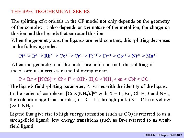 THE SPECTROCHEMICAL SERIES The splitting of d orbitals in the CF model not only