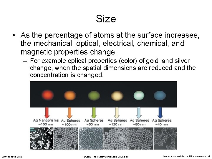 Size • As the percentage of atoms at the surface increases, the mechanical, optical,