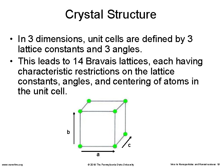 Crystal Structure • In 3 dimensions, unit cells are defined by 3 lattice constants