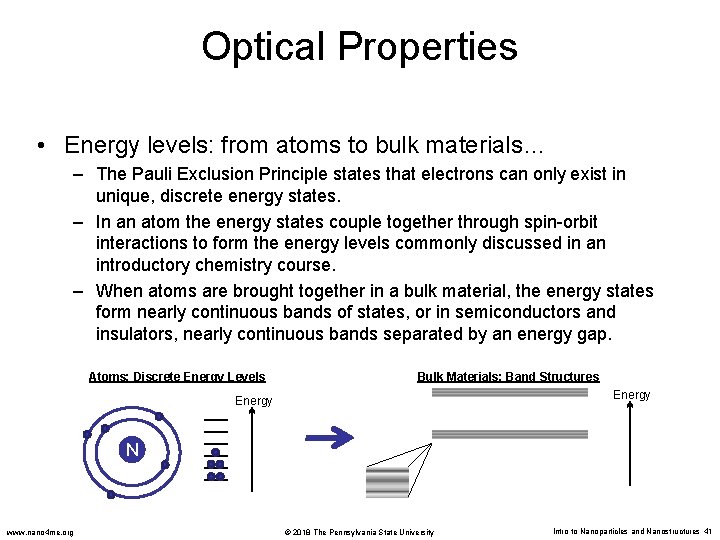 Optical Properties • Energy levels: from atoms to bulk materials… – The Pauli Exclusion