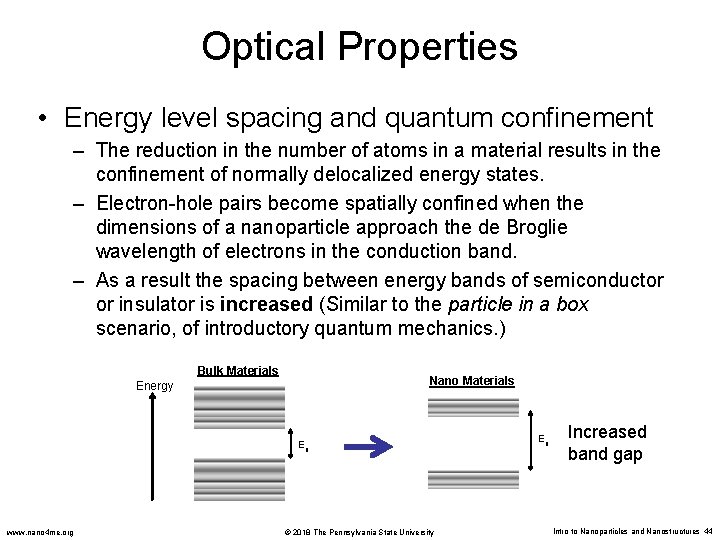 Optical Properties • Energy level spacing and quantum confinement – The reduction in the