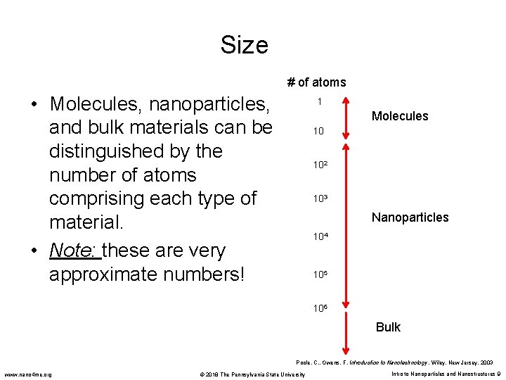 Size # of atoms • Molecules, nanoparticles, and bulk materials can be distinguished by