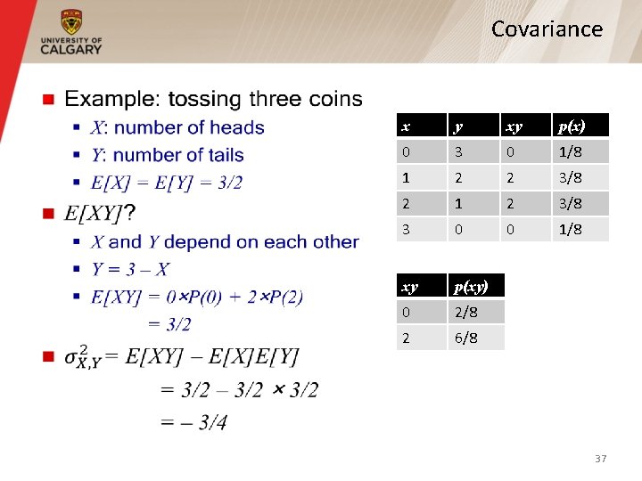 Covariance § x y xy p(x) 0 3 0 1/8 1 2 2 3/8 Covariance § x y xy p(x) 0 3 0 1/8 1 2 2 3/8