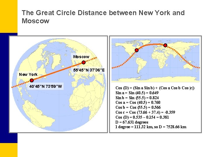 The Great Circle Distance between New York and Moscow New York 40’ 45”N 73’