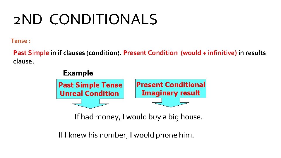 2 ND CONDITIONALS Tense : Past Simple in if clauses (condition). Present Condition (would