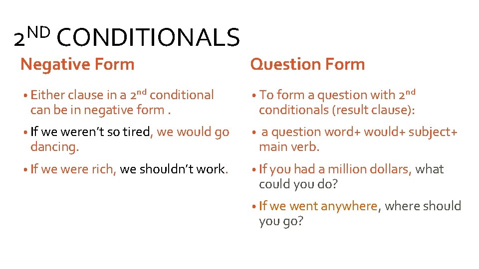 ND 2 CONDITIONALS Negative Form Question Form • Either clause in a 2 nd