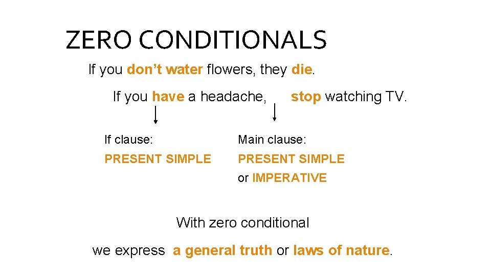 ZERO CONDITIONALS If you don’t water flowers, they die. If you have a headache,