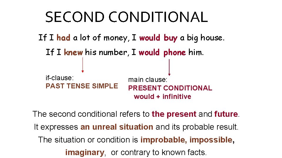 SECONDITIONAL If I had a lot of money, I would buy a big house.