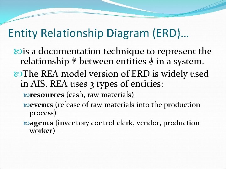 Entity Relationship Diagram (ERD)… is a documentation technique to represent the relationship between entities