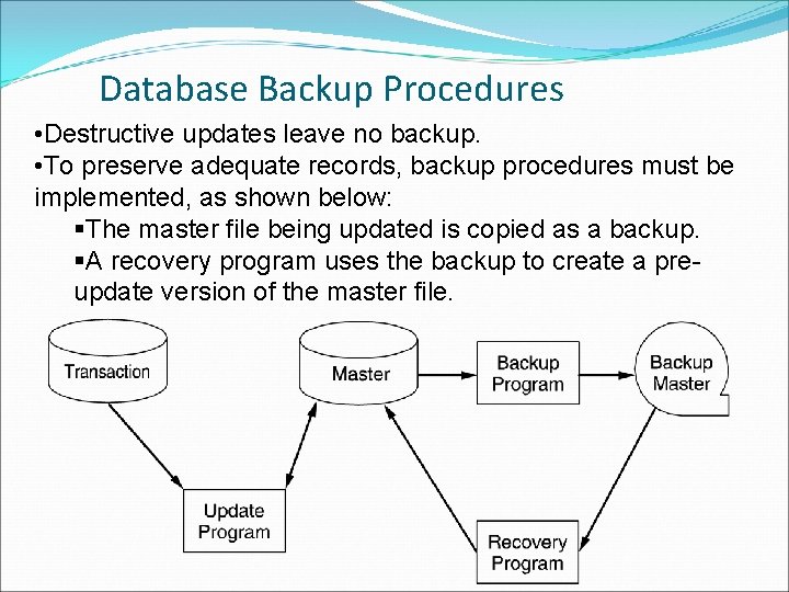 Database Backup Procedures • Destructive updates leave no backup. • To preserve adequate records,