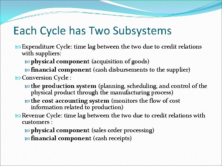 Each Cycle has Two Subsystems Expenditure Cycle: time lag between the two due to