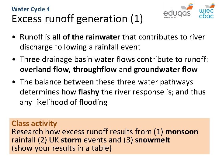 Water Cycle 4 Excess runoff generation (1) • Runoff is all of the rainwater