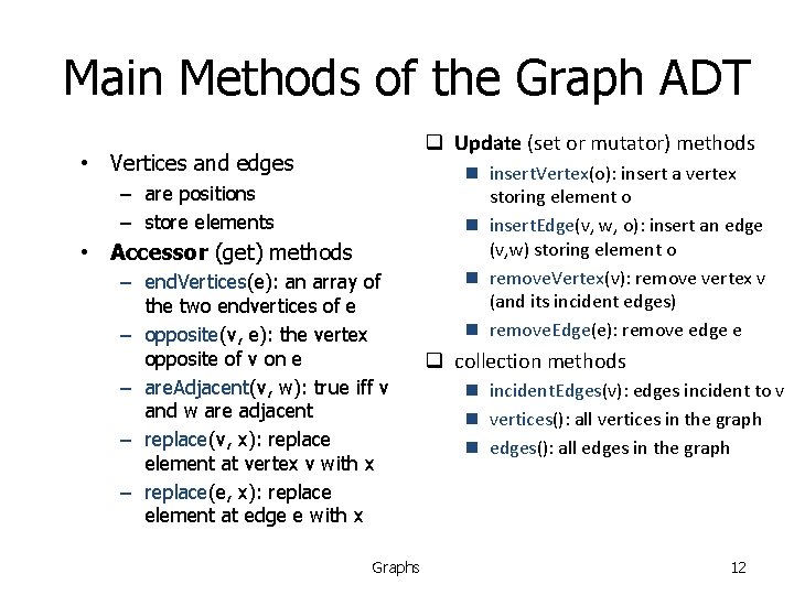 Main Methods of the Graph ADT q Update (set or mutator) methods • Vertices