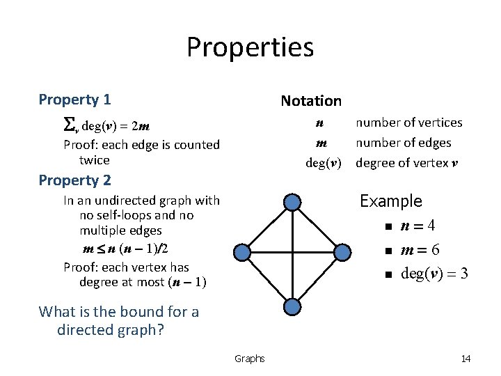 Properties Property 1 Notation Sv deg(v) = 2 m n m deg(v) Proof: each