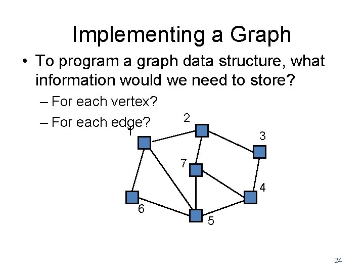 Implementing a Graph • To program a graph data structure, what information would we