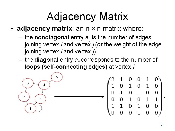 Adjacency Matrix • adjacency matrix: an n × n matrix where: – the nondiagonal